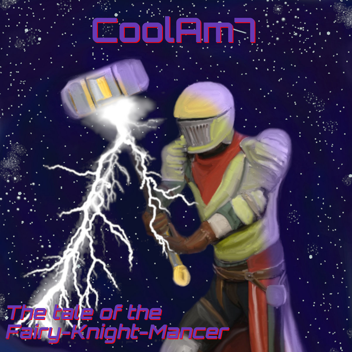 Album cover for "The tale of the Fairy-Knight-Mancer" - Album released in 2021. An epic concept album following the journey of a digital knight in a fantasy chipworld. Each track tells a part of the story, from the initial quest to the final triumph.